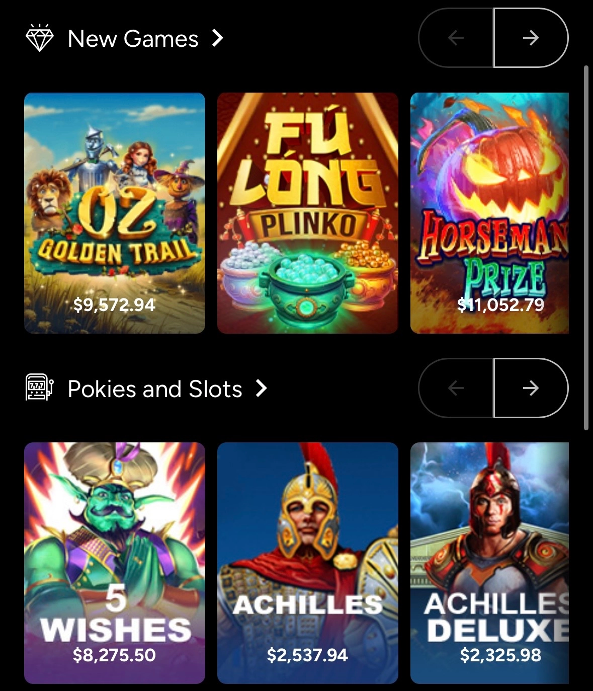 Ozwin Casino new games section featuring popular pokies like Oz Golden Trail and Fu Long Plinko