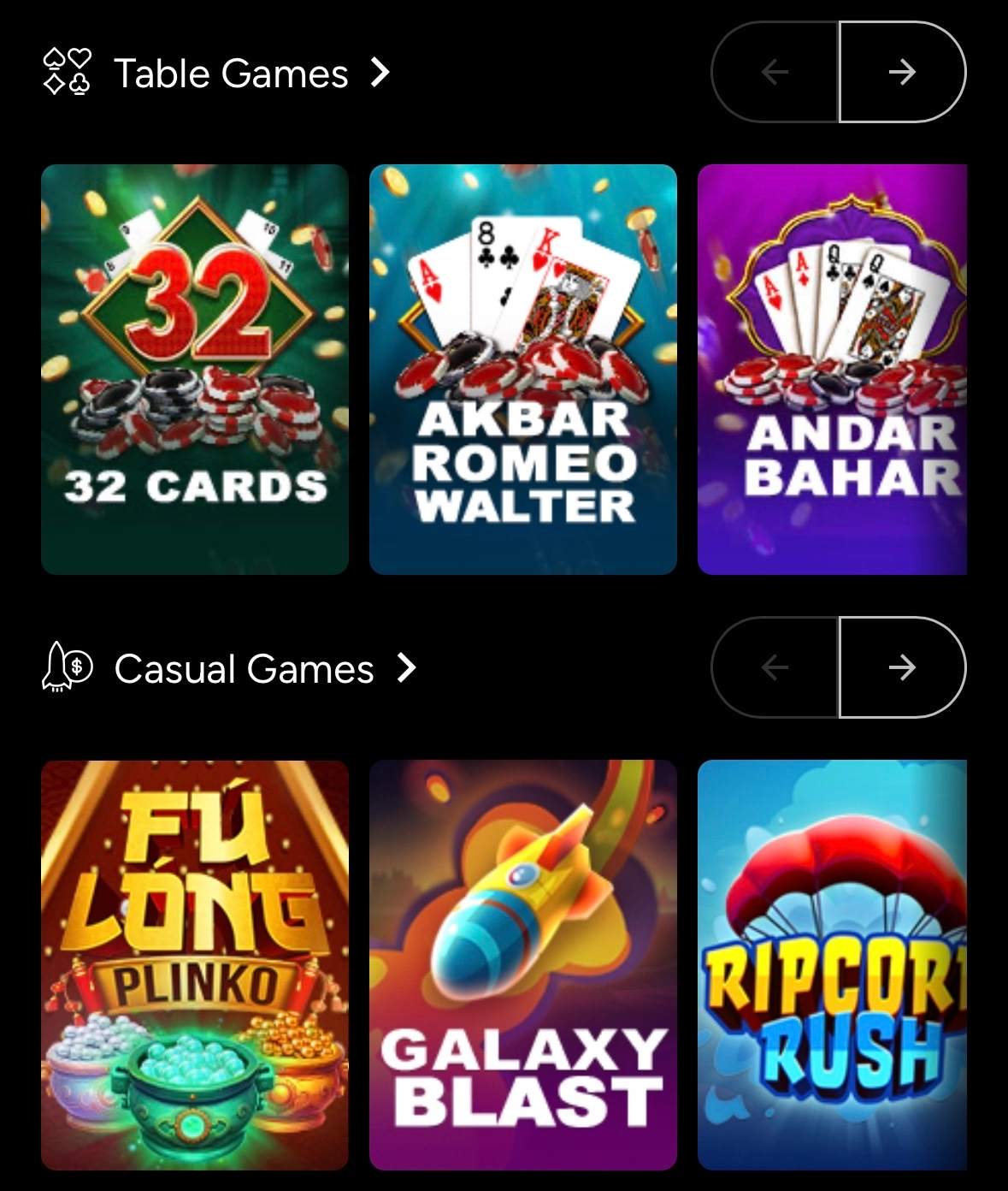 Ozwin Casino table games and casual games lobby showing 32 Cards and Andar Bahar