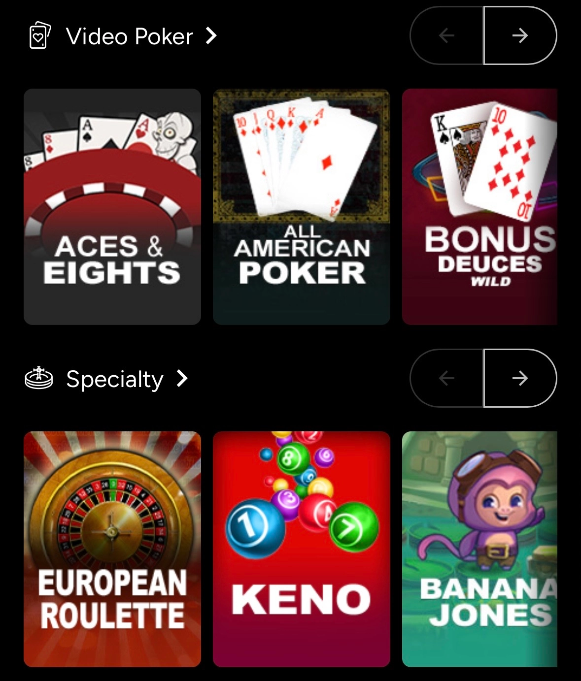 Ozwin Casino video poker and specialty games selection with Aces & Eights and European Roulette