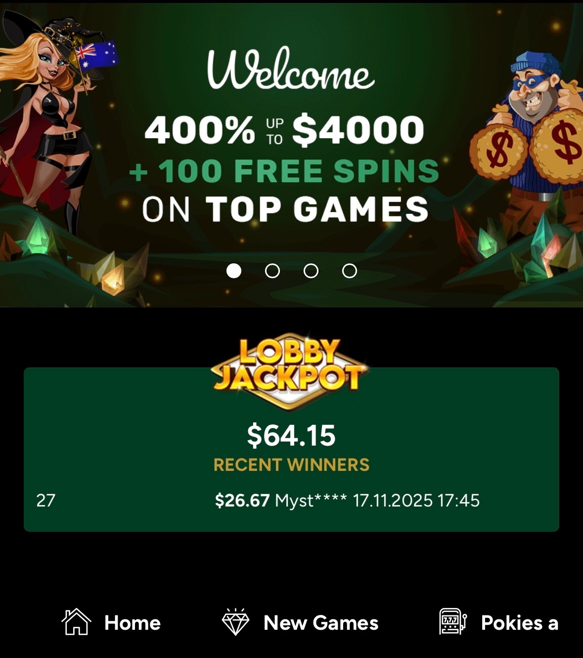 Ozwin Casino welcome bonus banner with 400% up to $4000 and 100 free spins offer
